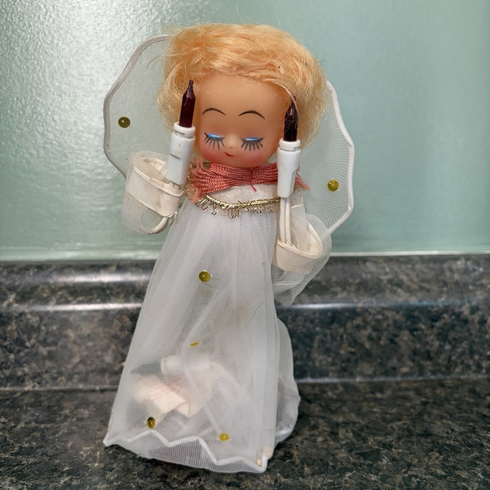 Vtg Christmas 10-Light Angel Tree Top Topper Blonde Works 8" Sheer Fabric‎
